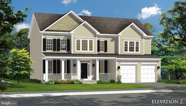 view of front facade featuring covered porch, a front yard, and a garage