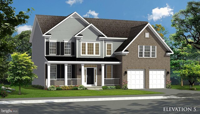 view of front of home with covered porch, a front yard, and a garage