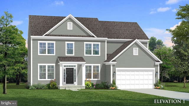 view of front facade with a garage and a front lawn