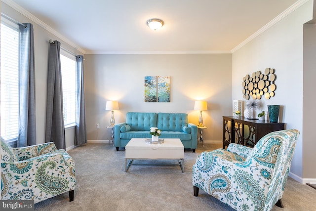 carpeted living room with plenty of natural light and ornamental molding