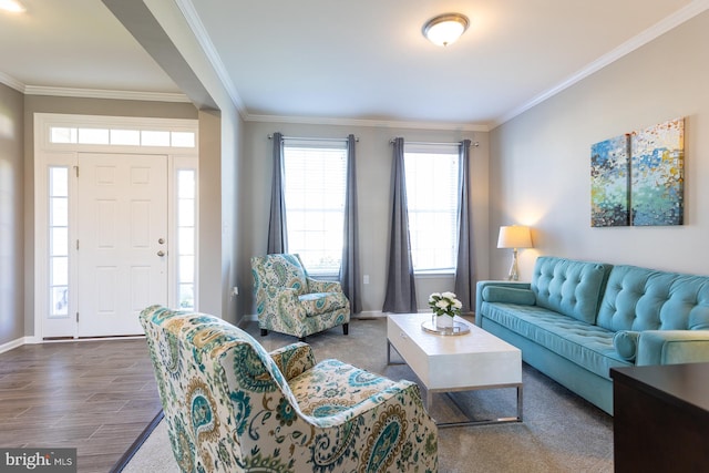 living room with dark hardwood / wood-style flooring and ornamental molding