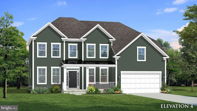 view of front of house featuring a porch, a garage, and a front lawn