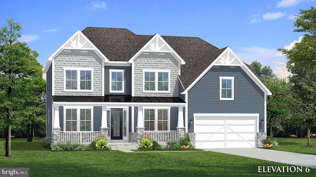 view of front facade featuring covered porch, a garage, and a front lawn