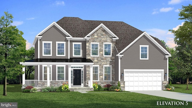 view of front facade with covered porch, a garage, and a front yard