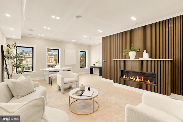 living room featuring crown molding and light hardwood / wood-style floors