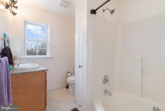 full bathroom with toilet, vanity, and shower / bathing tub combination