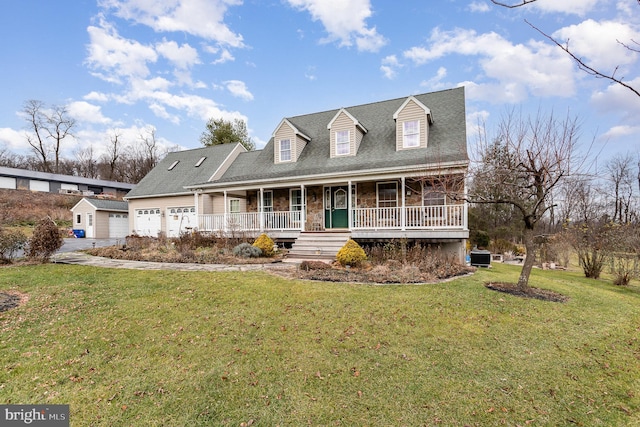 cape cod home with a front yard, covered porch, and a garage