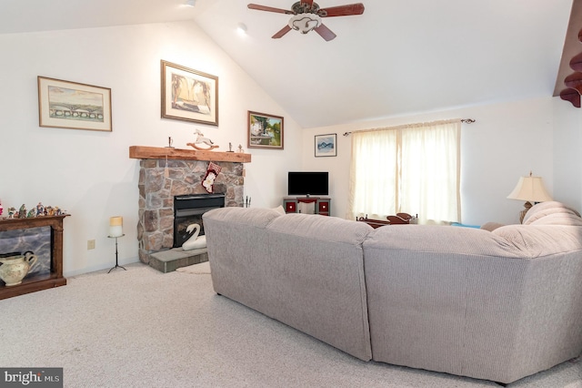4229 Roundtop Rd, Elizabethtown, PA 17022 - living room with ceiling fan, vaulted ceiling, carpet floors, and a fireplace