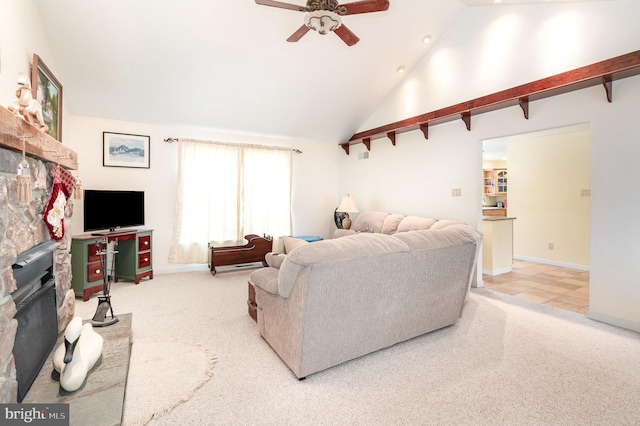 4229 Roundtop Rd, Elizabethtown, PA 17022 - living area featuring ceiling fan, a stone fireplace, light carpet, and high vaulted ceiling