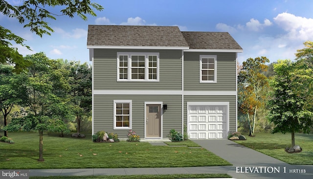 view of front facade with a garage and a front lawn