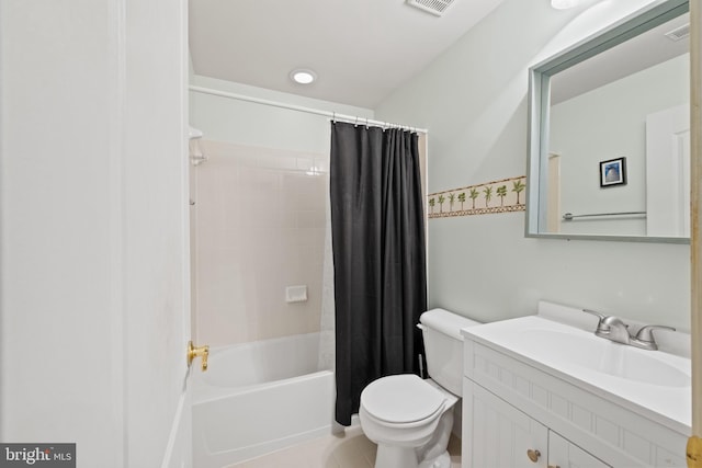 full bathroom with shower / bath combo, vanity, and toilet