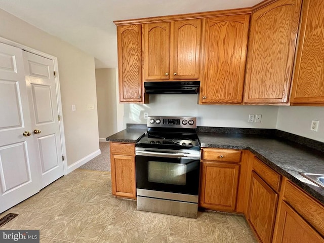 kitchen featuring electric stove and ventilation hood