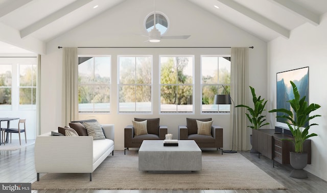 living room with a wealth of natural light, high vaulted ceiling, and light hardwood / wood-style floors