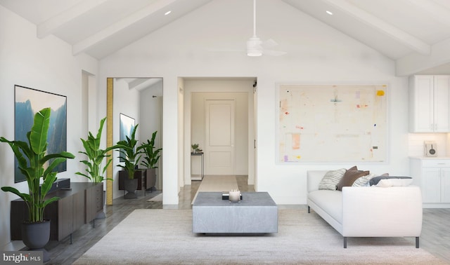 living room featuring ceiling fan, beam ceiling, light wood-type flooring, and high vaulted ceiling