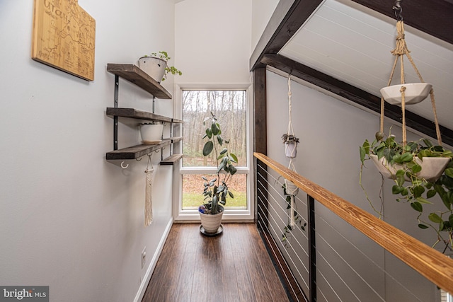 corridor with beam ceiling and dark hardwood / wood-style floors