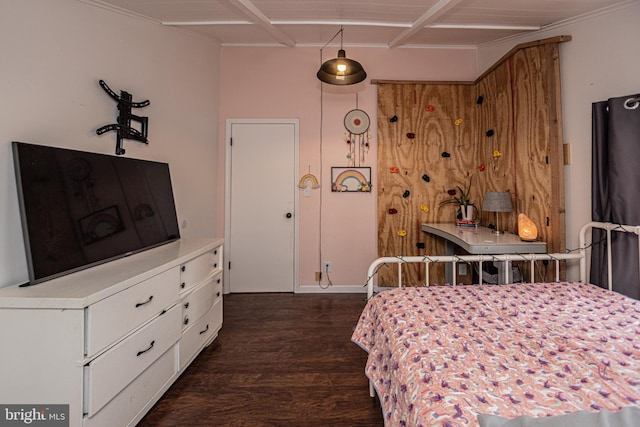 bedroom with dark hardwood / wood-style floors and coffered ceiling