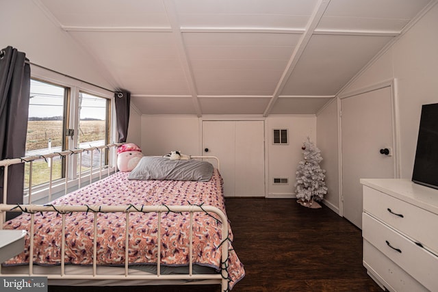 bedroom featuring dark hardwood / wood-style flooring and vaulted ceiling