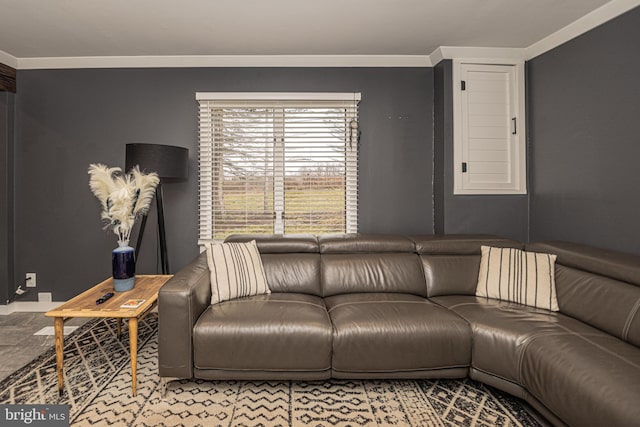 living room with crown molding