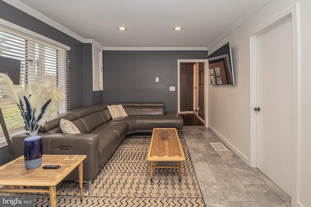 living room with crown molding