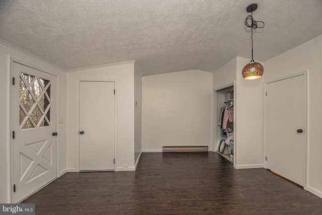 foyer with baseboard heating, a textured ceiling, dark wood-type flooring, and vaulted ceiling