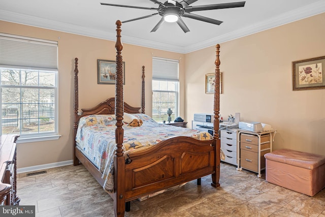 bedroom featuring multiple windows, ceiling fan, and crown molding