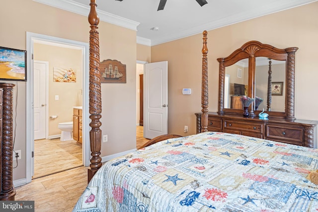 bedroom featuring ceiling fan, ornamental molding, and ensuite bath