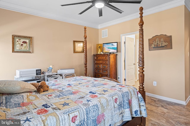 bedroom featuring ceiling fan and ornamental molding