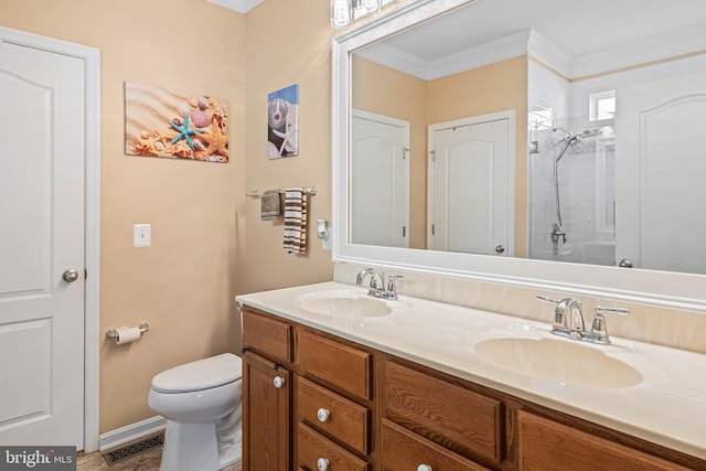 bathroom featuring vanity, toilet, walk in shower, and crown molding