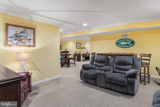 carpeted living room featuring crown molding