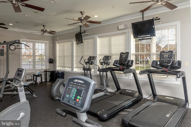 gym with ornamental molding