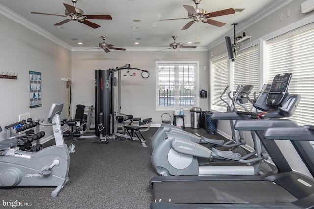 workout area featuring ornamental molding