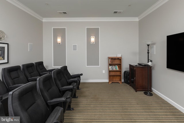 carpeted cinema with crown molding