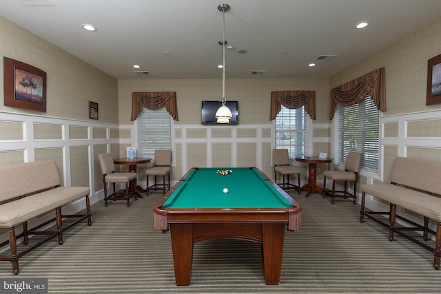 rec room featuring carpet flooring and billiards