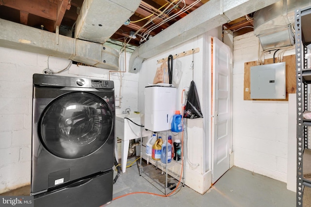 laundry area featuring washer / dryer, electric panel, and water heater