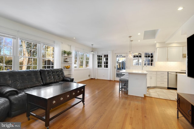 living room featuring sink and light hardwood / wood-style floors