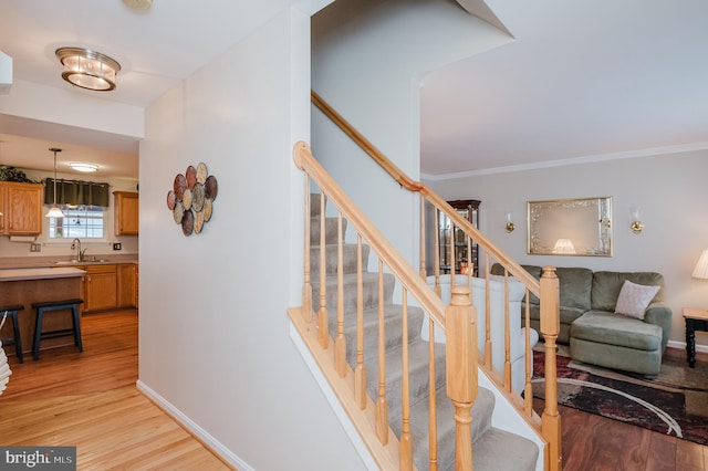 staircase with sink, crown molding, and wood-type flooring