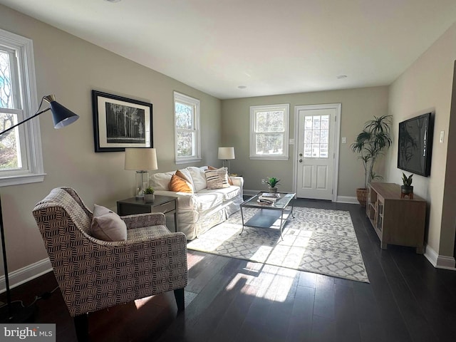 living room featuring dark hardwood / wood-style floors and a healthy amount of sunlight