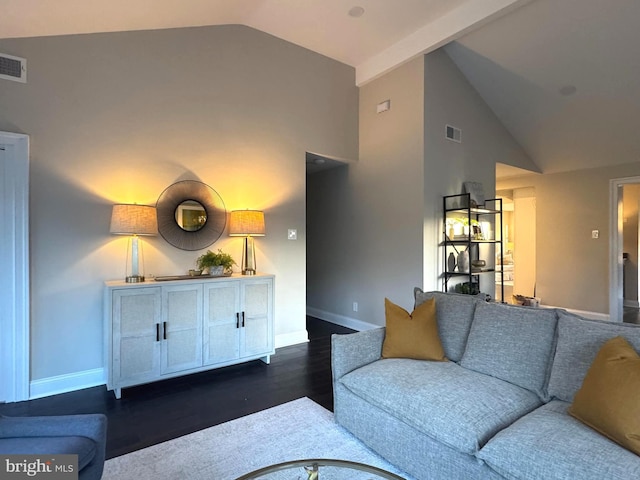 living room with dark hardwood / wood-style flooring and high vaulted ceiling