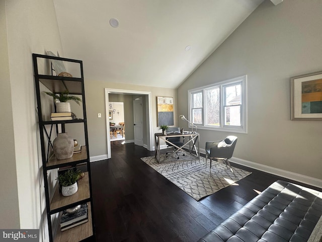 interior space featuring dark hardwood / wood-style floors and high vaulted ceiling