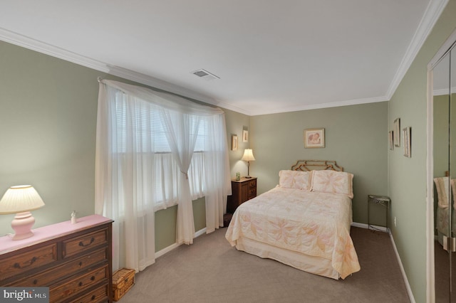 bedroom featuring light carpet and crown molding