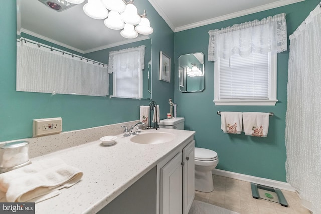 bathroom with crown molding, tile patterned flooring, vanity, a notable chandelier, and toilet