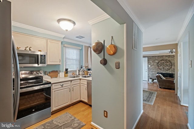 kitchen with crown molding, a fireplace, light hardwood / wood-style floors, and appliances with stainless steel finishes