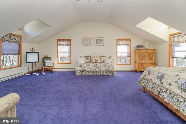 carpeted bedroom featuring lofted ceiling, multiple windows, and a baseboard heating unit