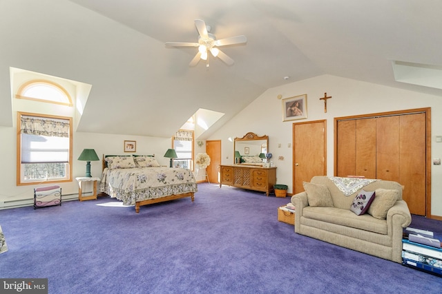 carpeted bedroom with two closets, ceiling fan, and lofted ceiling