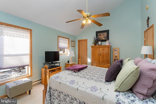 carpeted bedroom with baseboard heating, multiple windows, ceiling fan, and lofted ceiling