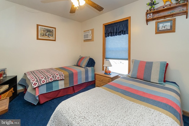 bedroom featuring an AC wall unit, ceiling fan, and carpet