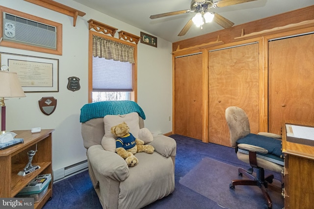 carpeted office featuring ceiling fan and baseboard heating