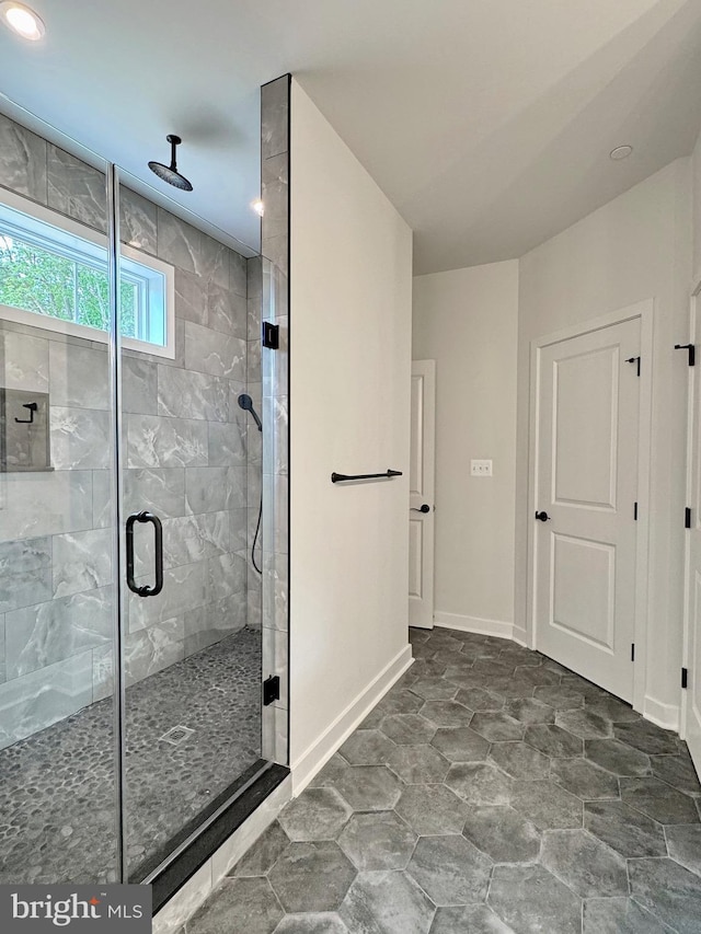 4035 Tamaron Ct, Brandywine, MD 20613 - full bath with stone finish floors, a stall shower, baseboards, and recessed lighting