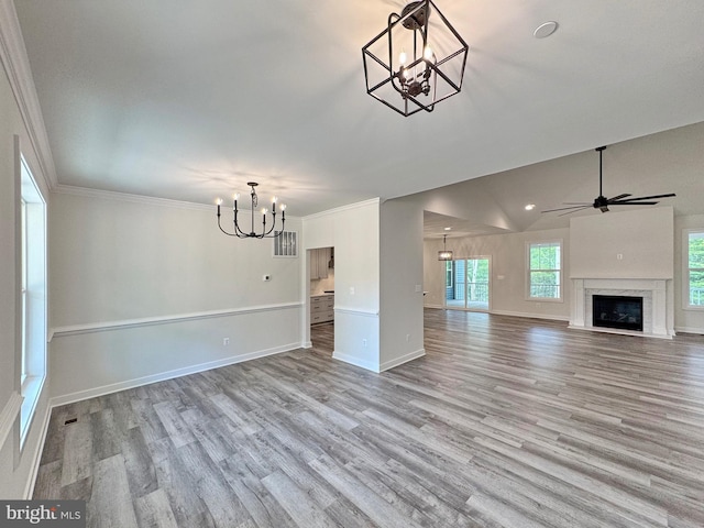 4035 Tamaron Ct, Brandywine, MD 20613 - unfurnished living room with a chandelier, wood finished floors, a fireplace, baseboards, and ceiling fan
