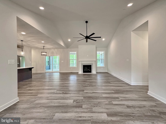 4035 Tamaron Ct, Brandywine, MD 20613 - unfurnished living room featuring a ceiling fan, baseboards, wood finished floors, recessed lighting, and a fireplace